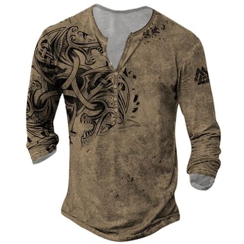 Men's Henley Shirt Tee Graphic Viking Henley Clothing Apparel 3D Print Outdoor Casual Daily Long Sleeve Print Button-Down Vintage Fashion Designer Stylish Comfortable