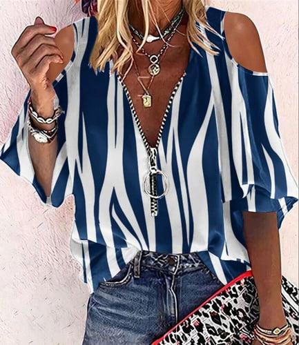 Women's Shirt Blouse Dressy Tops Basic Print Quarter Zip Half Sleeve Regular Tops V Neck Half Zip Casual Black White Royal Blue Blue Orange
