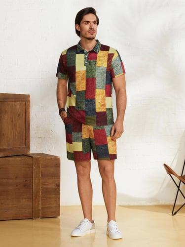 Men's Plaid Waffle Polo Shirts Golf Shirt Short Sleeve Polo Shirts Collared Shirts Vintage Casual Vacation Wear Formal Wear Festival Wear Buttons 3D Print Light Yellow Crystal / Orange Yellow