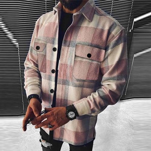 Men's Plaid Geometric Pattern Shirt Jacket Overshirt Long Sleeve Fashion Going out Weekend Fall & Winter Turndown Print Pink Blue Sky Blue Vivid Pink Orange