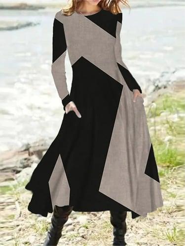 Women's Work Dress Casual Dress Swing Dress Fashion Winter Dress Daily Midi Dress Pocket Print Crew Neck Long Sleeve Color Block Regular Fit Black Red Brown Fall Winter S M L XL XXL