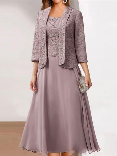 Women's Wedding Guest Cocktail Dress Chiffon Fashion Lace Patchwork Elegant Two Piece Dress Set  Fall Winter Midi Dress Crew Neck 3/4 Length Sleeve Plain Loose Fit Pink