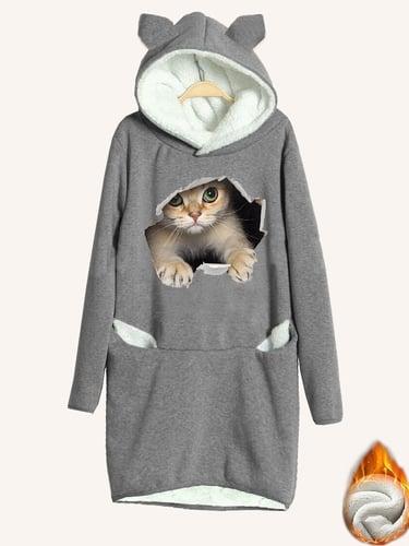 Women's Hoodie Dress Casual Dress Mini Dress Sherpa Fleece Lined Warm Outdoor Going out Weekend Hoodie Print Pocket Cat Loose Fit Gray S M L XL XXL