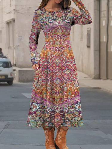 Women's Casual Dress Winter Dress Floral Geometric Pocket Print Crew Neck Midi Dress Vintage Ethnic Daily Vacation Long Sleeve Fall Winter