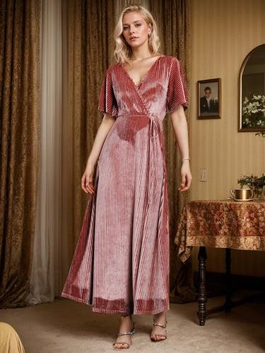 Velvet Lace-Up V-Neck Maxi Dress
