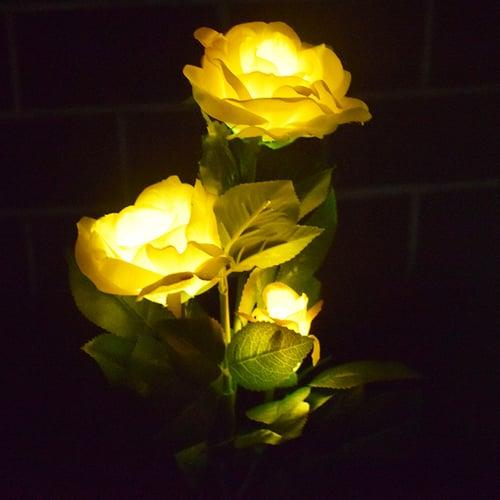 Solar Garden Rose Lights, Valentines Realistic LED Rose Flower Cemetery Decorations Stake Lights for Garden, Courtyard, Yard And Grave Decorative, Waterproof (Red, With 3 Lighted Flower Heads)