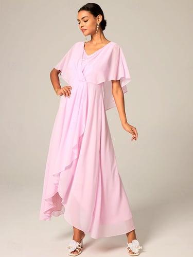 Women's Wedding Guest Cocktail Dress Chiffon Lace Split Elegant Formal A Line Maxi Dress V Neck Short Sleeve Pink Color