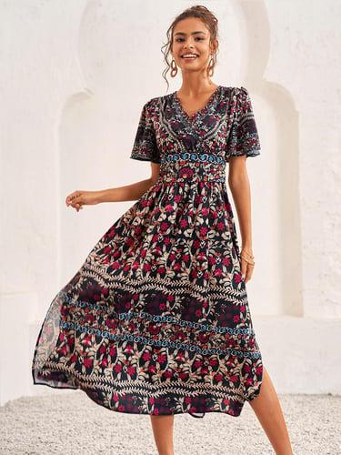 Women's Floral Lace V Neck Flutter Sleeve Midi Dress Short Sleeve Summer Spring