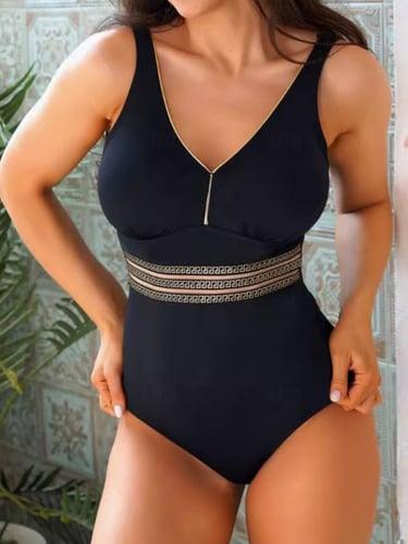 Women's Swimwear One Piece Monokini Swimsuit Backless Patchwork Tummy Control High Waist Slim Vacation Beach Wear Solid Color V Neck Sleeveless Bathing Suits