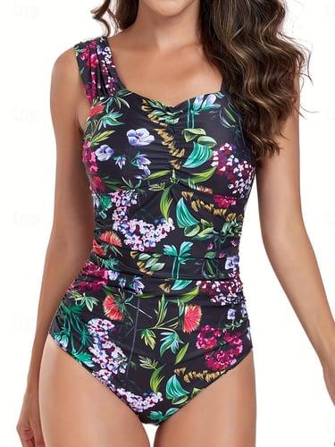Women's Swimwear One Piece Swimsuit Backless Patchwork Elegant Tropical Floral Graphic Off Shoulder Sleeveless Bathing Suits
