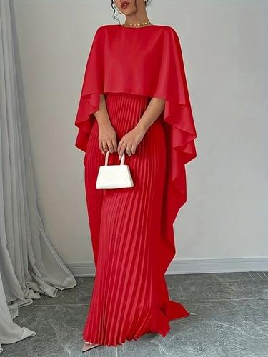 Women's Casual Dress A Line Dress Stylish Basic Casual Plain Maxi Dress Long Sleeve Crew Neck Pleated Regular Fit Vacation Daily Black Red Beige Summer Spring