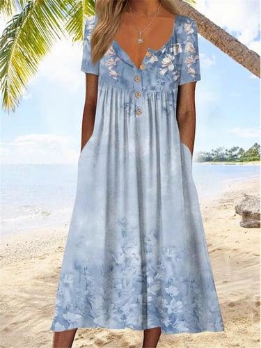 Women's Midi Dress V-Neck Floral Print Short Sleeve A-Line Comfort Blue Beach Party Spring Summer Fashion Clothing Apparel