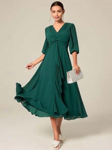 Women's Midi Dress Green Solid Color V-Neck Half Sleeve Ruffled Sophisticated Chic Zip-Back Summer Semi-Formal Wedding Party Evening Elegant Flowy Lightweight Apparel