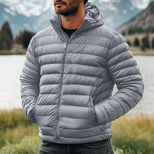 Men's Winter Coat Down Jacket Puffer Jacket Zipper Pocket Outdoor Home Work Regular Classic Thermal Warm Windproof Breathable Winter Autumn / Fall Solid Color Wine Matte Black Royal Blue Blue Puffer
