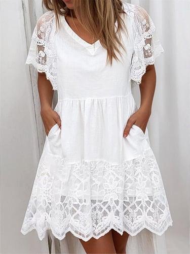 Women's Summer Dress V-Neck Short Sleeve Lace Detail High Waist Flare Skirt Casual Elegant Party White Cotton Comfortable Fit Multiple Sizes