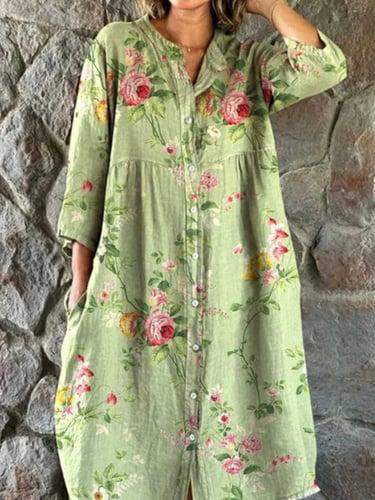Women's Casual Dress Stylish Casual Floral Midi Dress 3/4 Length Sleeve Crew Neck Buttons Print Regular Fit Vacation Daily Black Red Green Spring Fall