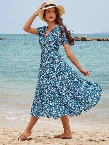 Women's Mid-Length Dress Short Sleeve V-neck Floral Print Bohemian Style Comfortable Beach Vacation Wear Blue White Summer Spring Clothing Apparel