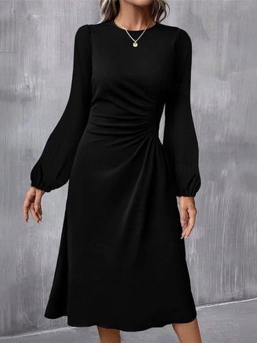 Women's Black Dress Midi Dress Ruched Casual Crew Neck Long Sleeve Black Wine Color
