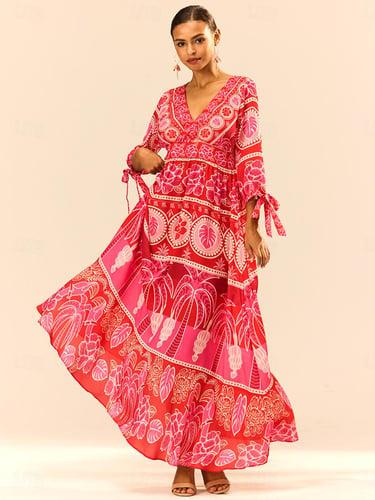 Women's Graphic Tiered Bow V Neck Puff Sleeve Maxi Dress Elegant Stylish Vacation 3/4 Length Sleeve Summer