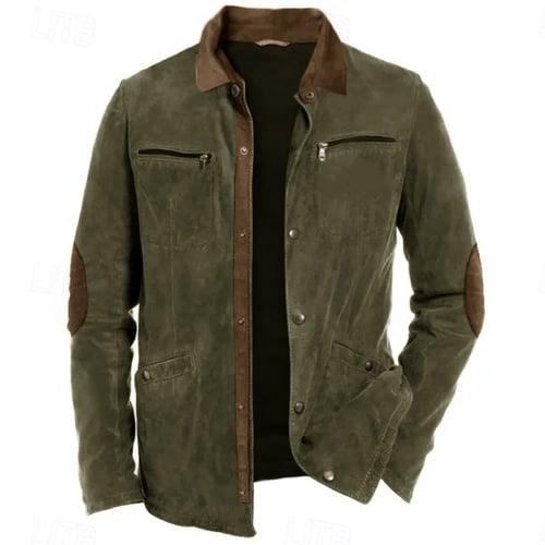 Men's Windbreaker Faux Suede Jacket Brown Suede Jacket Casual Daily Windbreaker Patchwork Pocket Winter Spring &  Fall Solid Color Vintage Fashion Shirt Collar Regular Navy Blue Khaki Army Green Grey