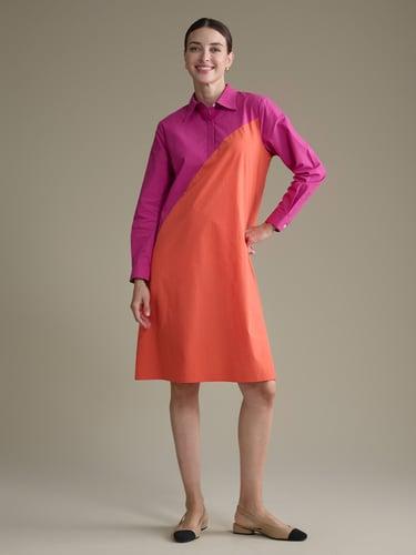 Cotton Solid Long Sleeve Pocket Shirt Midi Dress
