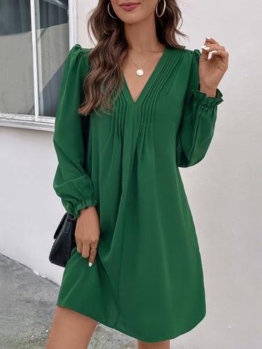 Women's Casual Dress Mini Dress Ruched Casual V Neck Long Sleeve Green Color