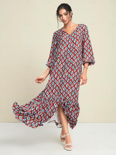 Satin Geometric Pocket Long Sleeve V Neck Maxi Dress