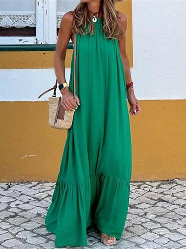 Women's Casual Dress Long Dress Maxi Dress Ruched Vacation Beach Streetwear Maxi Halter Neck Sleeveless Black Red Green Color