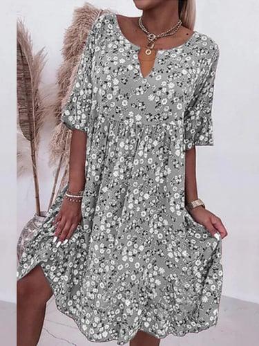 Women's Casual Dress V-Neck Short Sleeve Pink White Floral Print Empire Waist Spring Summer Versatile Daily Beach Picnic Flowy Comfortable Fabric Sizes Available