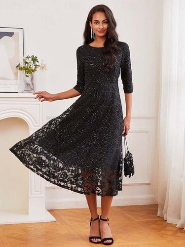 Women's Elegant Black Dress Sequin Mesh Cocktail Dress Midi Dress Crew Neck 3/4 Length Sleeve Party Dress Fall Winter 2024