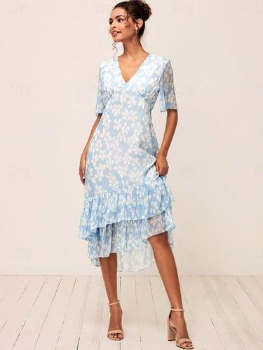 Women's A Line Dress Layered Dress Elegant Floral Midi Dress Half Sleeve Flared Sleeve V Neck Ruffle Loose Fit Vacation Daily Light Blue Summer