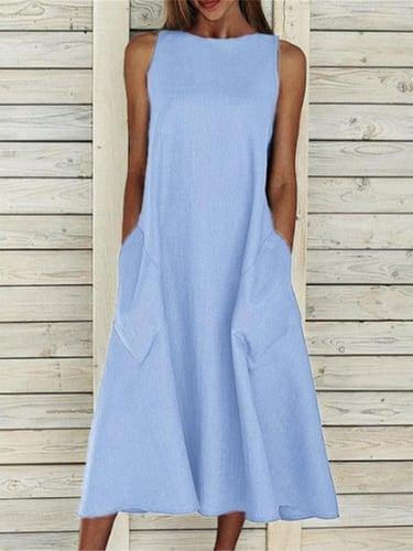 Women's Midi Dress Sleeveless Pockets Casual A-Line Silhouette Round Neckline White Summer Versatile Regular Fit Comfortable Lightweight Breathable Clothing Apparel