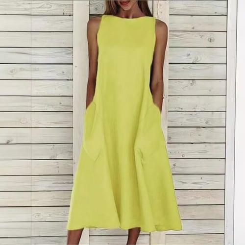 Women's Midi Dress Sleeveless Pockets Casual A-Line Silhouette Round Neckline White Summer Versatile Regular Fit Comfortable Lightweight Breathable Clothing Apparel