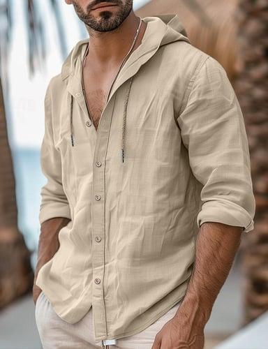 Men's Shirt Linen Shirt Plain Casual Daily Black White Blue Khaki Long Sleeve Hooded Spring & Summer Clothing Apparel Buttons
