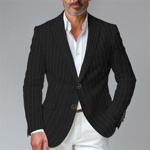 Men's Blazer Business Cocktail Party Wedding Party Fashion Casual Spring &  Fall Polyester Stripes Button Pocket Comfortable Single Breasted Blazer Black White Yellow Blue