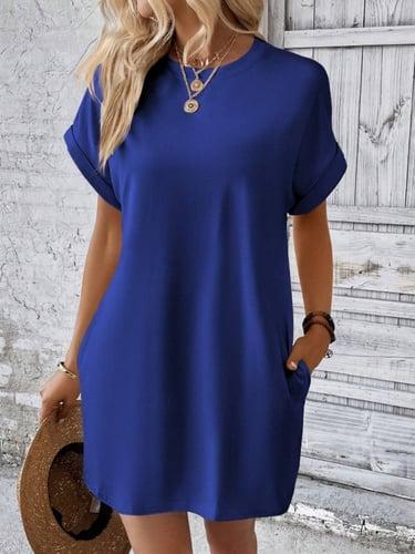 Women's Casual Dress Mini Dress Pocket Casual Crew Neck Short Sleeve White Blue Khaki Color