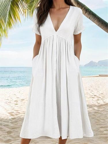 Women's White Dress Cotton Summer Dress White Cotton Dress Maxi Dress Cotton Pocket Casual Daily V Neck Short Sleeve Summer Spring White Blue Plain