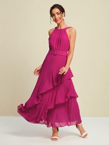 Women's Elegant Dress Rose Red Sleeveless Solid Color Ruffle Mismatched All Seasons Elegant Dress Wedding Party S M L