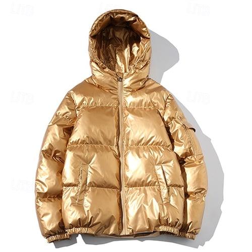 Men's Winter Coat Puffer Jacket Padded Jacket Pocket Polyster Daily Wear Date Vacation Regular Fashion Casual Comfortable Thermal Warm Fall & Winter Solid / Plain Color Silver Black Navy Blue Gold