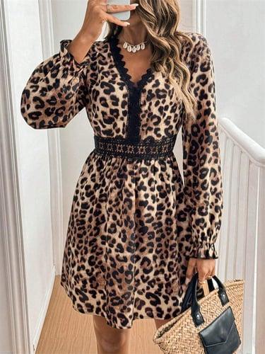 Women's Lace Dress Jumper Dress Casual Dress Elegant Stylish Casual Leopard Long Dress Maxi Dress Long Sleeve V Neck Lace Regular Fit Vacation Party Daily Leopard Spring Fall
