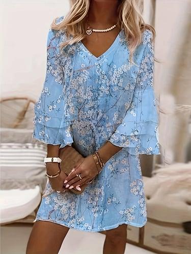 Women's Casual Dress Graphic Geometric Ruffle Print V Neck Flared Sleeve Mini Dress Bohemia Stylish Vacation Daily 3/4 Length Sleeve Summer Spring