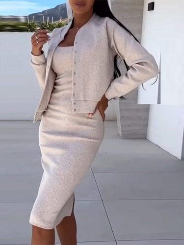 Women's Dress Set Casual Dress Skirt Set Casual Plain Buttons Midi Dress Long Sleeve Strap Outdoor Daily Black Fuchsia Gray Fall Winter Regular Fit