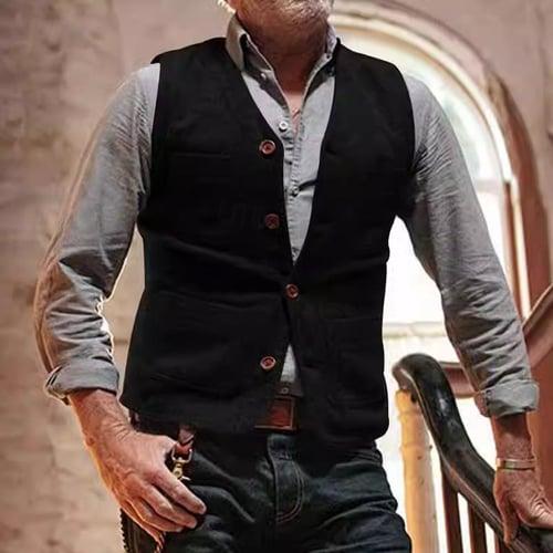 Men's Vest Gilet Wedding Event / Party Daily Fashion Business Spring &  Fall Button Pocket Polyester Comfortable Plain Single Breasted One-button V Neck Regular Fit Black Light Grey Vest