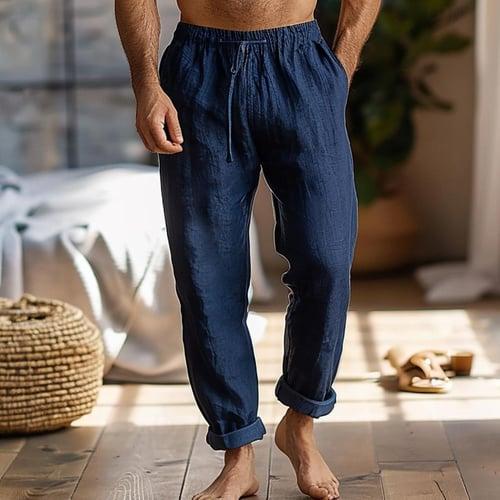 Men's 100% Linen Chinos Drawstring Solid Color Breathable Soft Full Length Outdoor Holiday Casual Loose Fit Navy Blue Micro-elastic