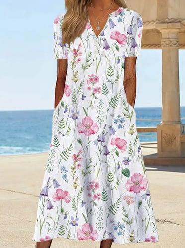 Women's Casual Dress T Shirt Dress Tee Dress Shift Dress Floral Print Print V Neck Midi Dress Basic Daily Vacation Short Sleeve Summer Spring