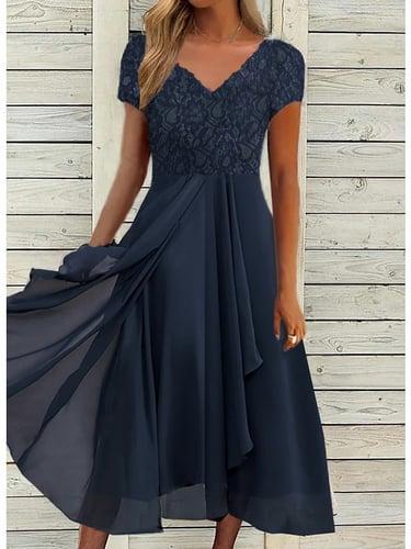Women's Wedding Guest Cocktail Dress Elegant Midi Dress V-Neck Lace Short Sleeve Chiffon Flowy Navy Blue Evening Party Summer