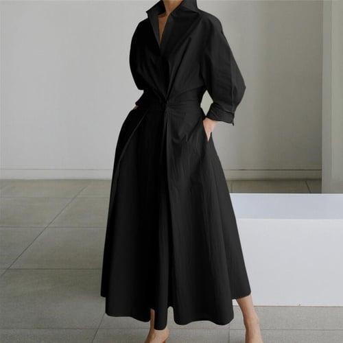 Women's Shirt Dress Casual Dress Swing Dress Maxi long Dress Outdoor Office Holiday Basic Modern Shirt Collar Ruched Pocket Long Sleeve Summer Spring Fall 2023 Regular Fit Black Army Green