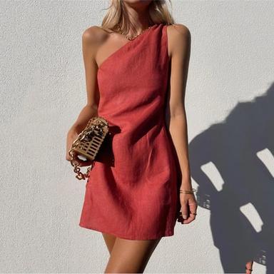 Women's Cotton Linen Dress Shift Dress Mini Dress Black White Red Sleeveless Pure Color Backless Spring Summer One Shoulder Vacation