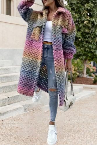 Women's Cardigan Sweater Stylish Casual Soft Color Gradient Chunky Crochet Shirt Collar Pocket Knitted Long Sleeve Long Tops Knit Outdoor Daily Going out Purple Fall Winter