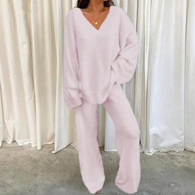 Women's Loungewear Sets 2 Pieces Pure Color Simple Comfort Home Daily Fleece Warm V Wire Long Sleeve Pullover Pant Fall Winter Home Outfits